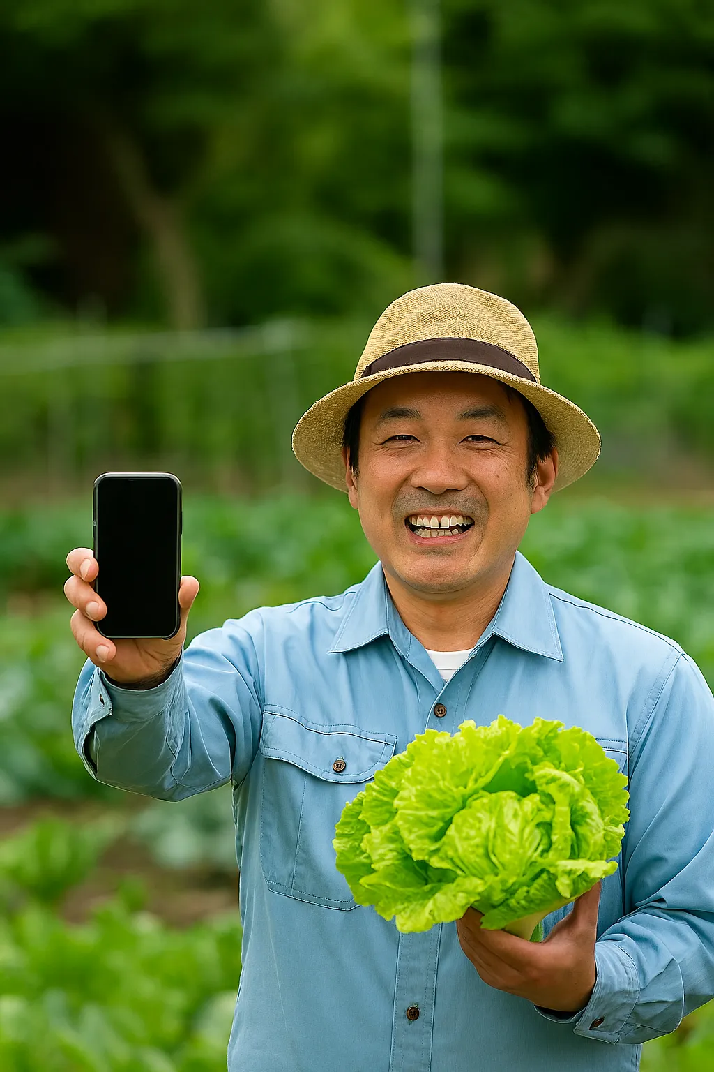 スマホを持つ農家